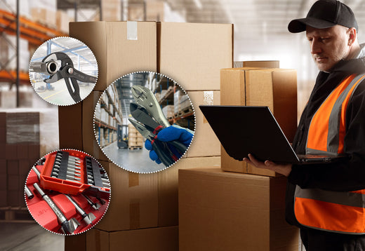 An orange-vested warehouse worker examines close-up images of hand tools and drill bits for quality materials and design