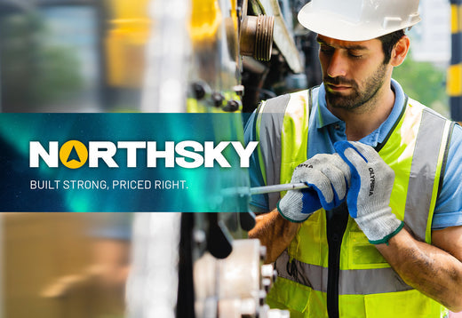 Image says “NorthSky: Built Strong, Priced Right” over a man wearing safety gloves and a hard hat applying an MRO tool to a large piece of industrial machinery