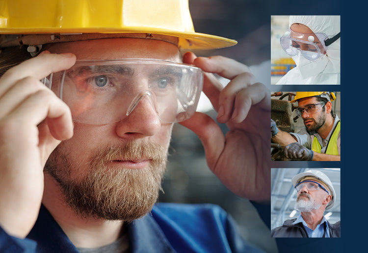 Industry workers wearing various styles of safety glasses and safety goggles