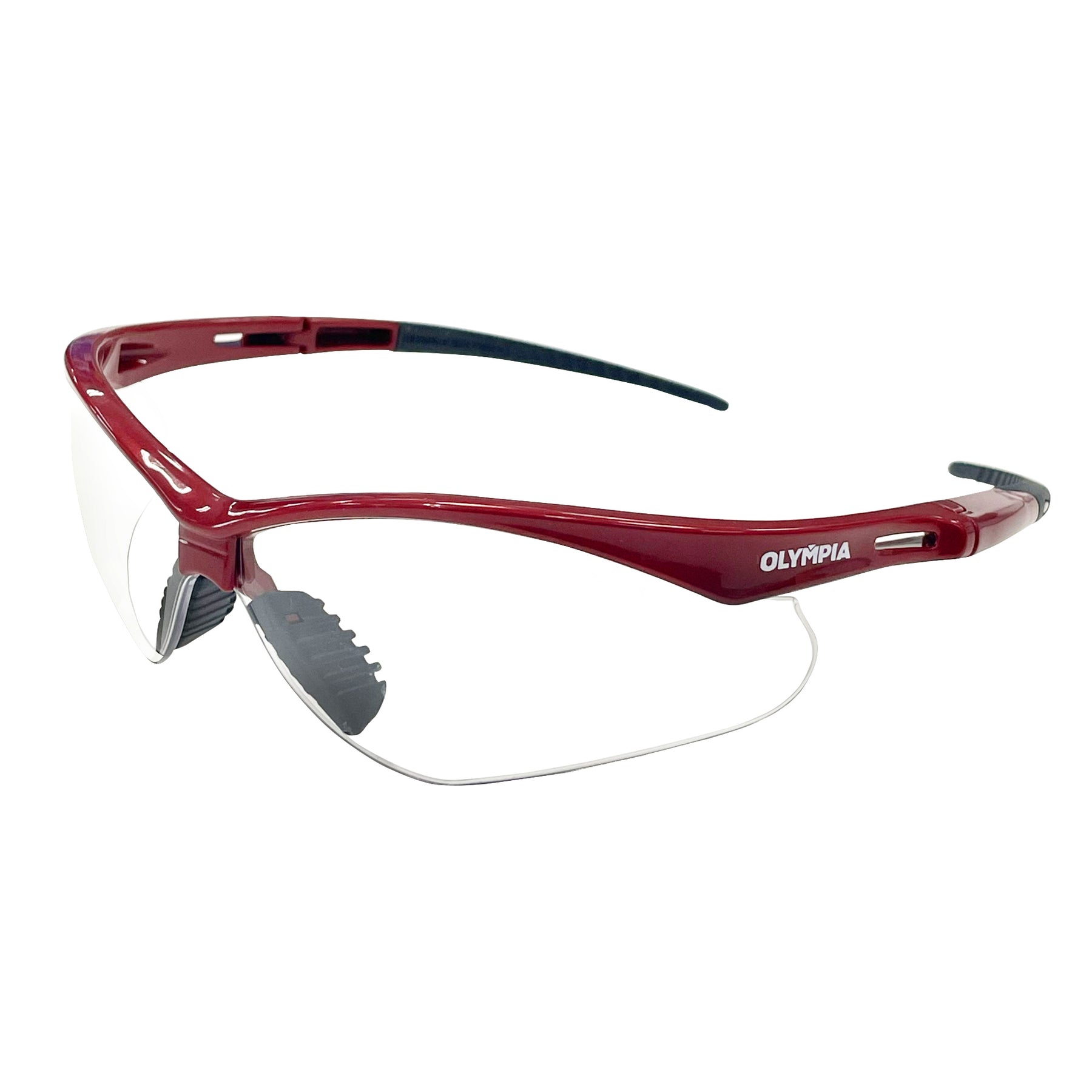 Safety Glasses, Half-Frame, Clear Lens, Anti-Scratch/Anti-Fog, Red