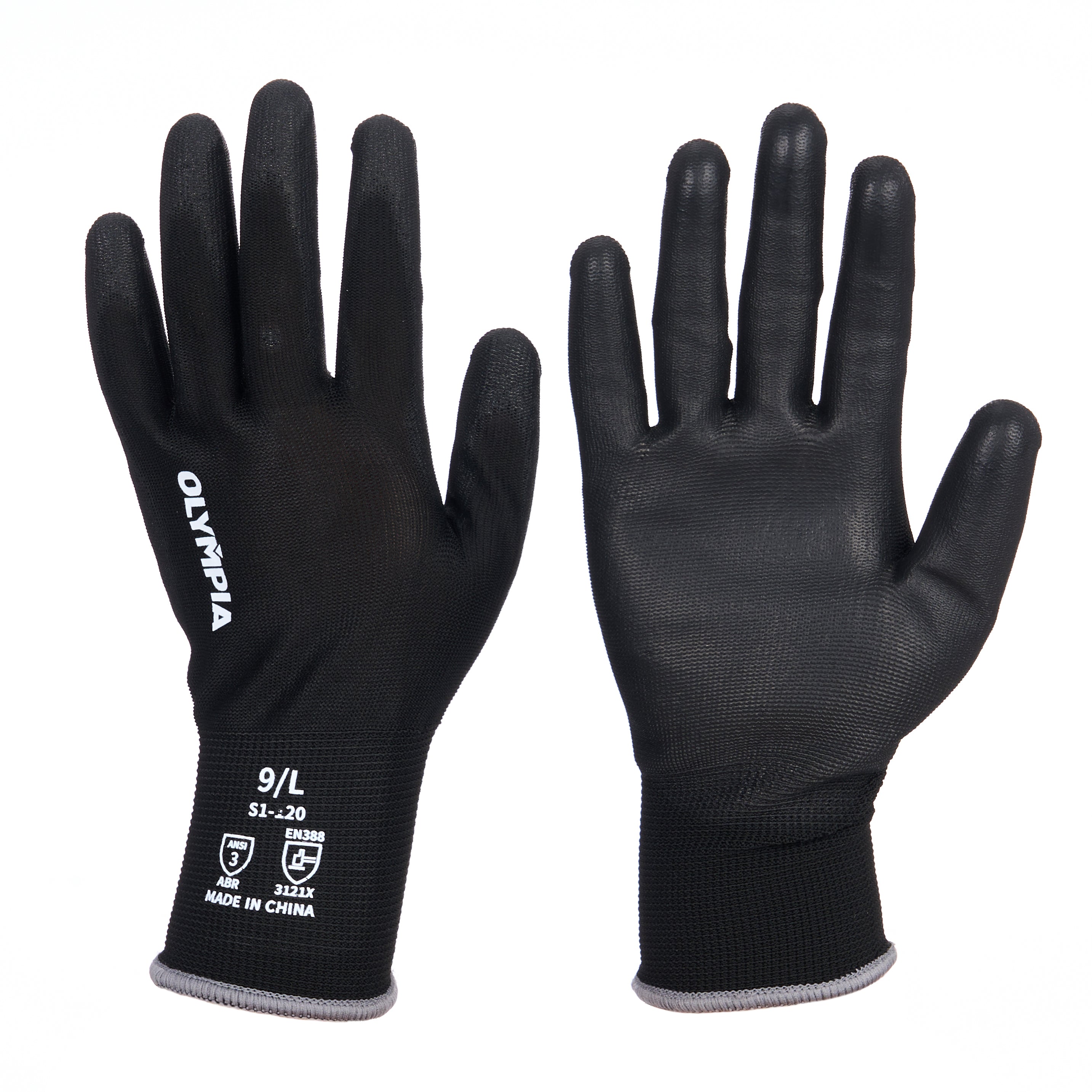 Antislip Knit Gloves, Polyurethane Coating, Black, L/9, Olympia