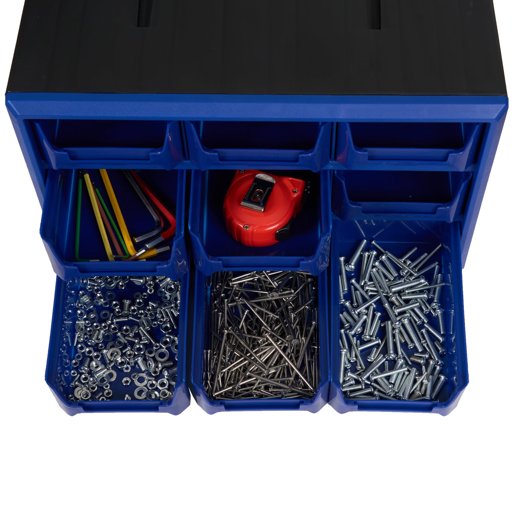 9-Bin Small Parts Cabinet, Stackable, Blue, 14.17 × 7.09 × 9.45 in