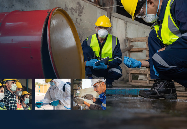 Team members wearing PPE such as hard hats, respirators and safety gloves work with hazardous chemicals