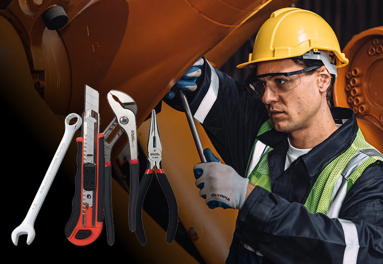 A man in a hard hat and safety vest uses a screwdriver on a piece of machinery, plus various hand tools also pictured