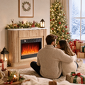 NORTHSKY 39" Electric Fireplace with Mantel, Farmhouse Curved Fluted Fireplace Heater with 23" Insert LED Crystal Flame Effect, Freestanding Wood Electric Fireplace W/Drawer for Living Room Bedroom