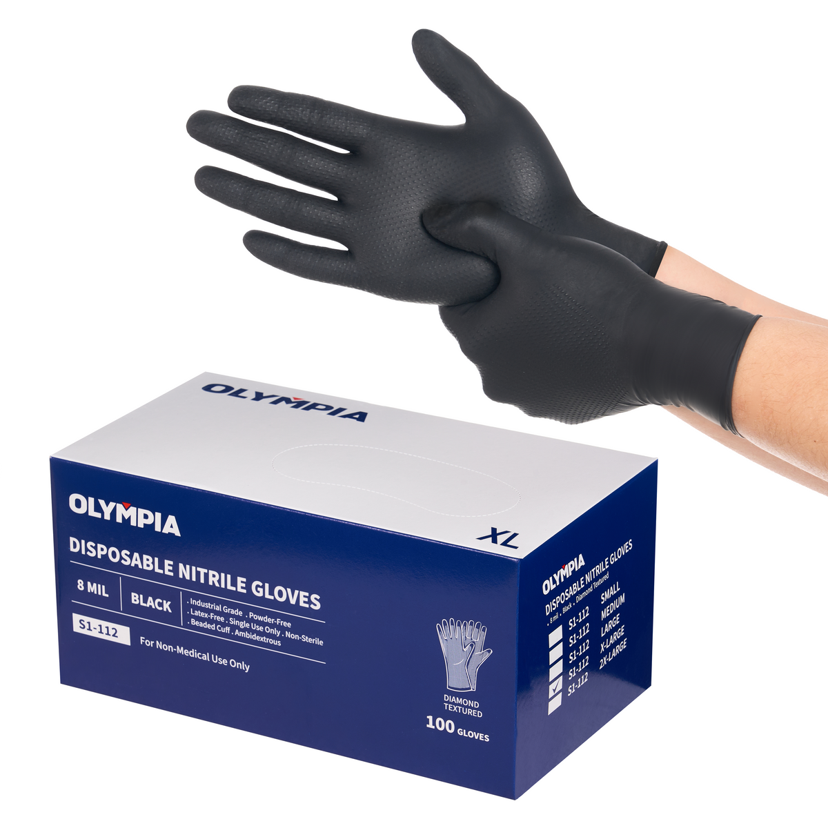 Disposable Nitrile Gloves, 8 mil, Diamond, Black, XL/10, 100 count