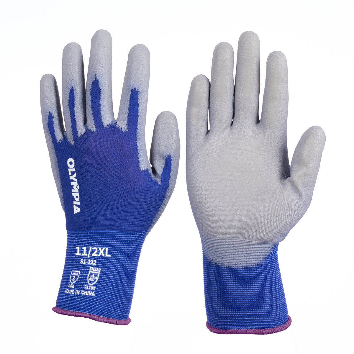 Polyurethane Dipped Gloves, 18ga, Anti-Slip, XXL/11, Blue/Gray, 12 pairs