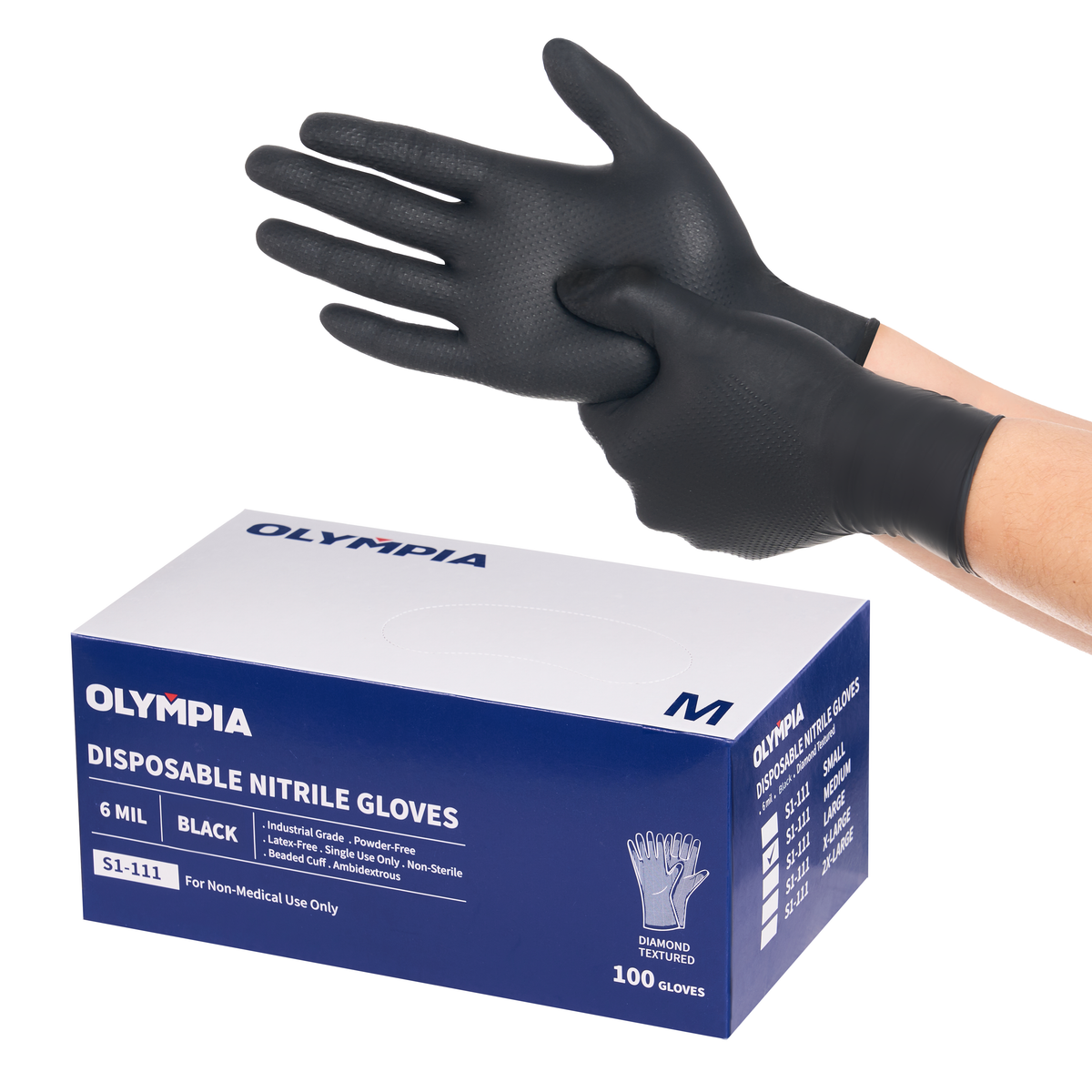 Disposable Nitrile Gloves, 6 mil, Diamond, Black, M/8, 100 count