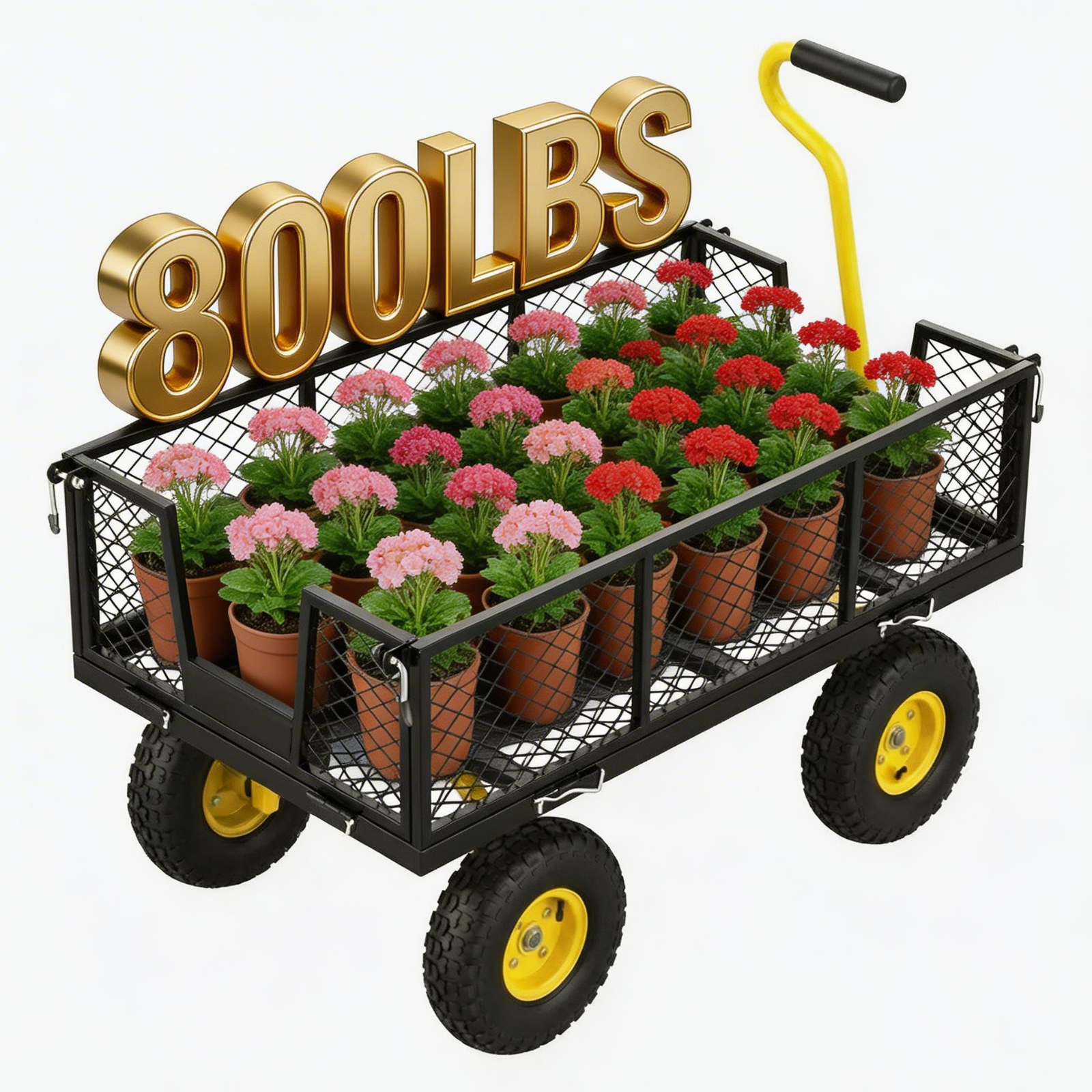Heavy Duty Mesh Steel Garden Cart, 800lbs Load Capacity, Black and Yellow