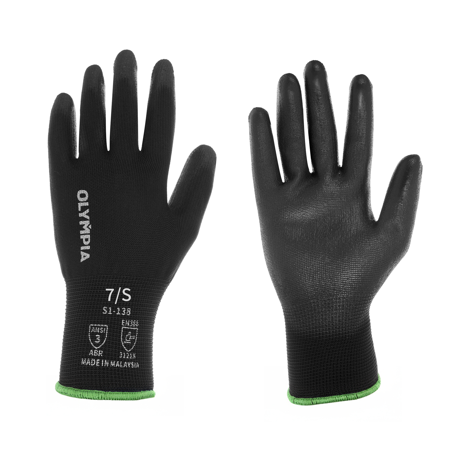 Polyurethane Dipped Knit Gloves, 13ga, S/7, Black, 12-Pairs