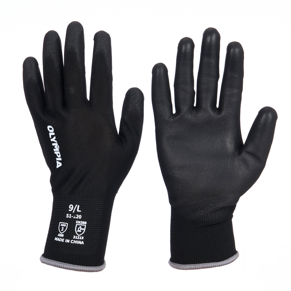 Antislip Knit Gloves, Polyurethane Coating, Black, L/9, Olympia