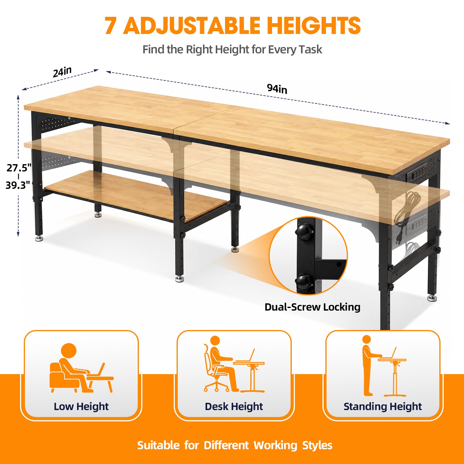 Northsky 94"x 24" Heavy Duty Workbench 5000 Lbs Capacity, Adjustable Height