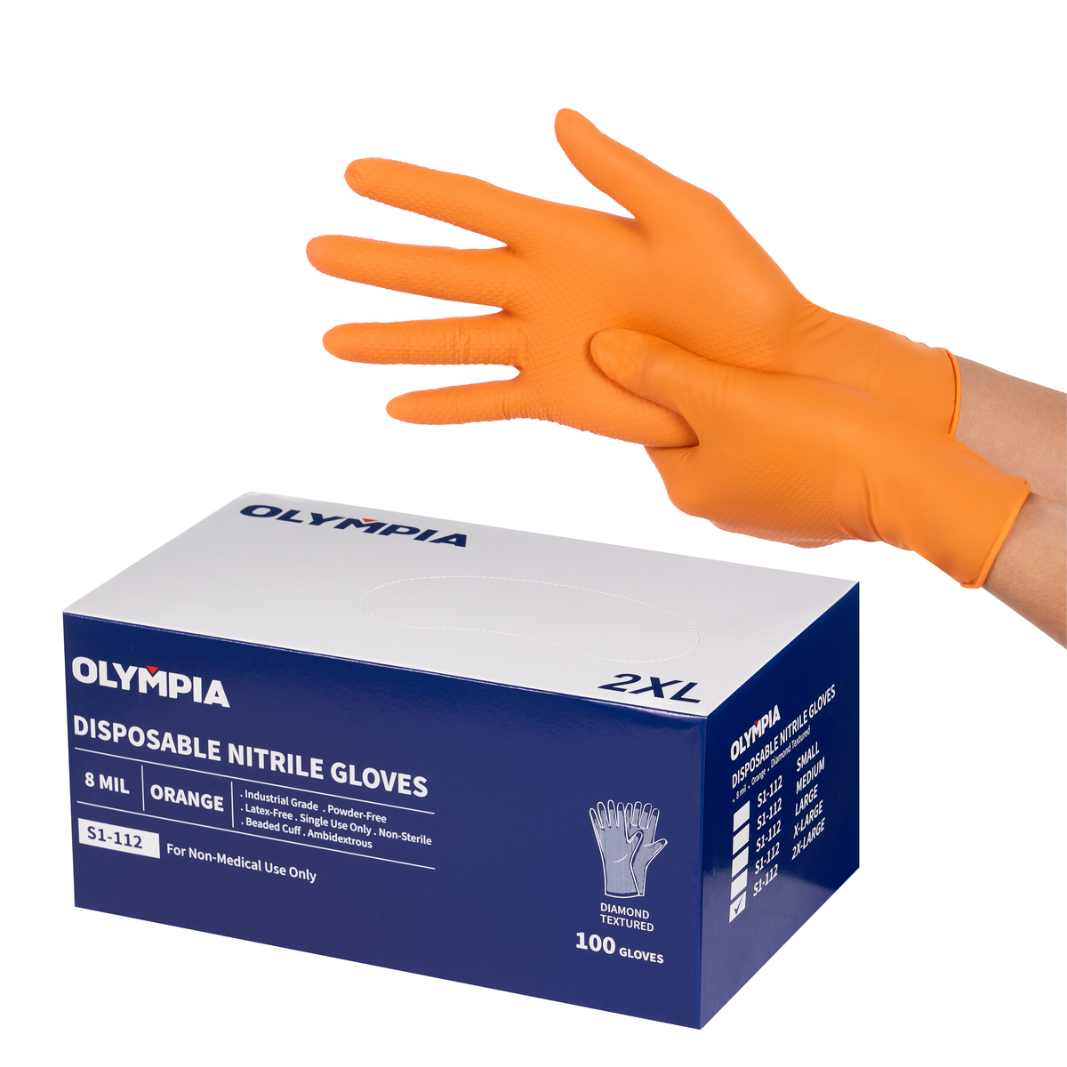 Disposable Nitrile Gloves, 8 mil, Diamond, Orange, XXL/11, 100 count