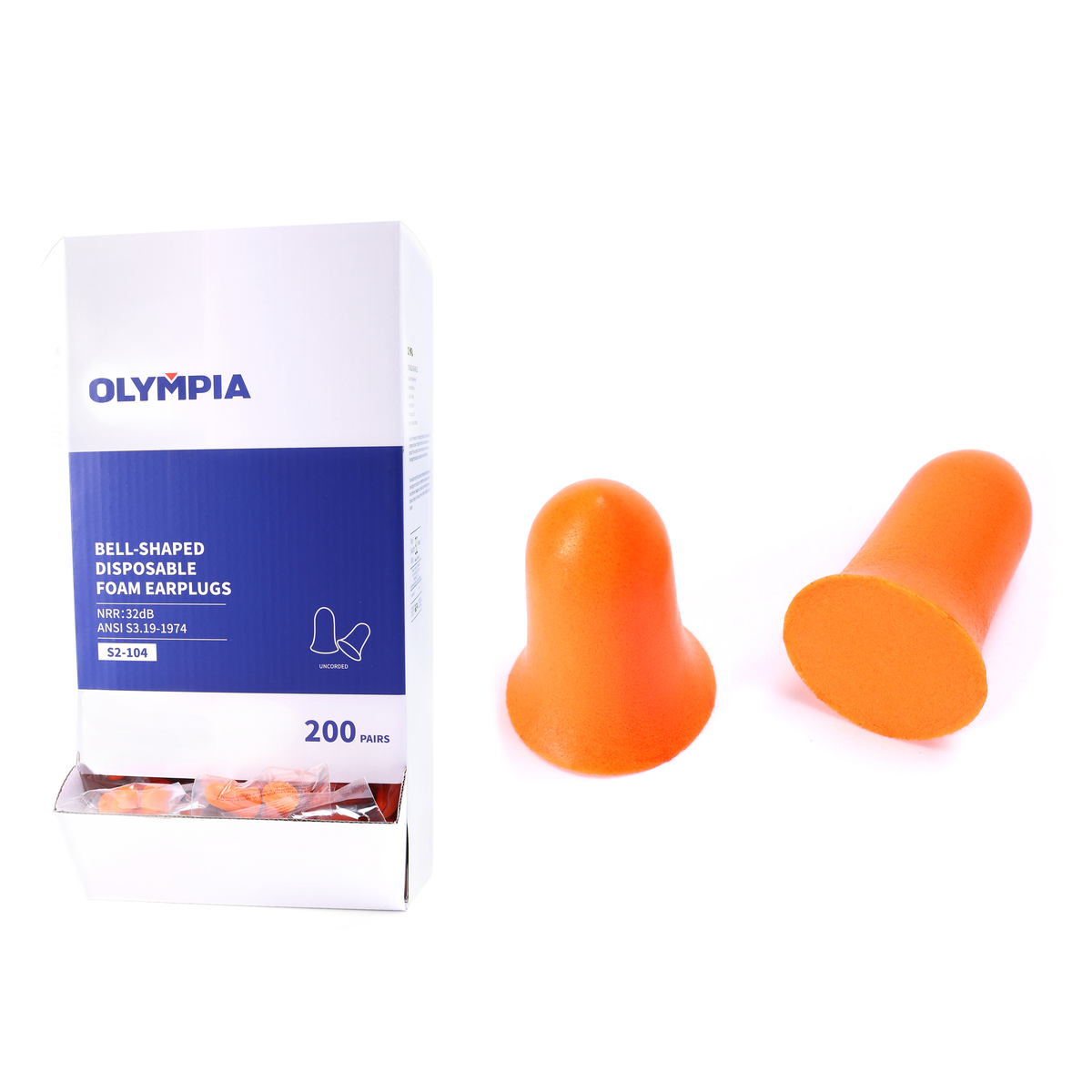 Bell-Shaped Disposable Foam Earplugs, Orange, Uncorded, Box of 200