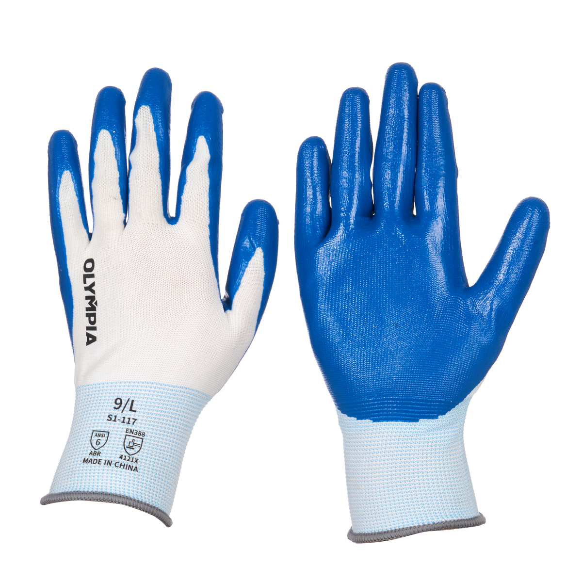 Nitrile Dipped Knit Gloves, L/9, Smooth, White/Blue, 12 Pairs