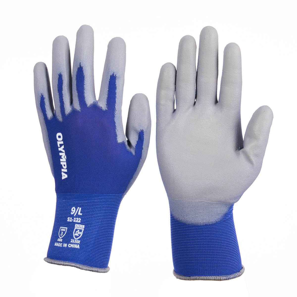 Polyurethane Dipped Gloves, 18ga, Anti-Slip, L/9, Blue/Gray, 12 pairs