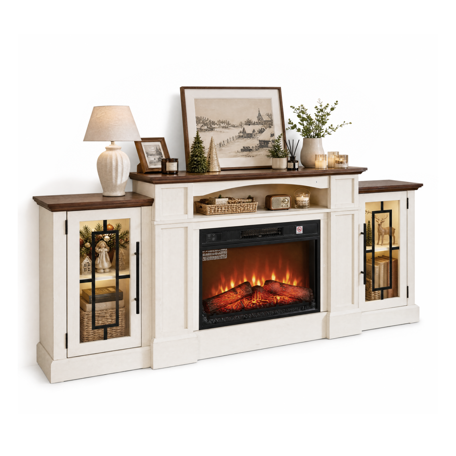72" Fireplace TV Stand Up to 80" TVs, 42" Modern Electric Fireplace with Mantel, Farmhouse Entertainment Center with Concealed 3 Drawers for Living Room, Adjustable Brightness & Low Noise