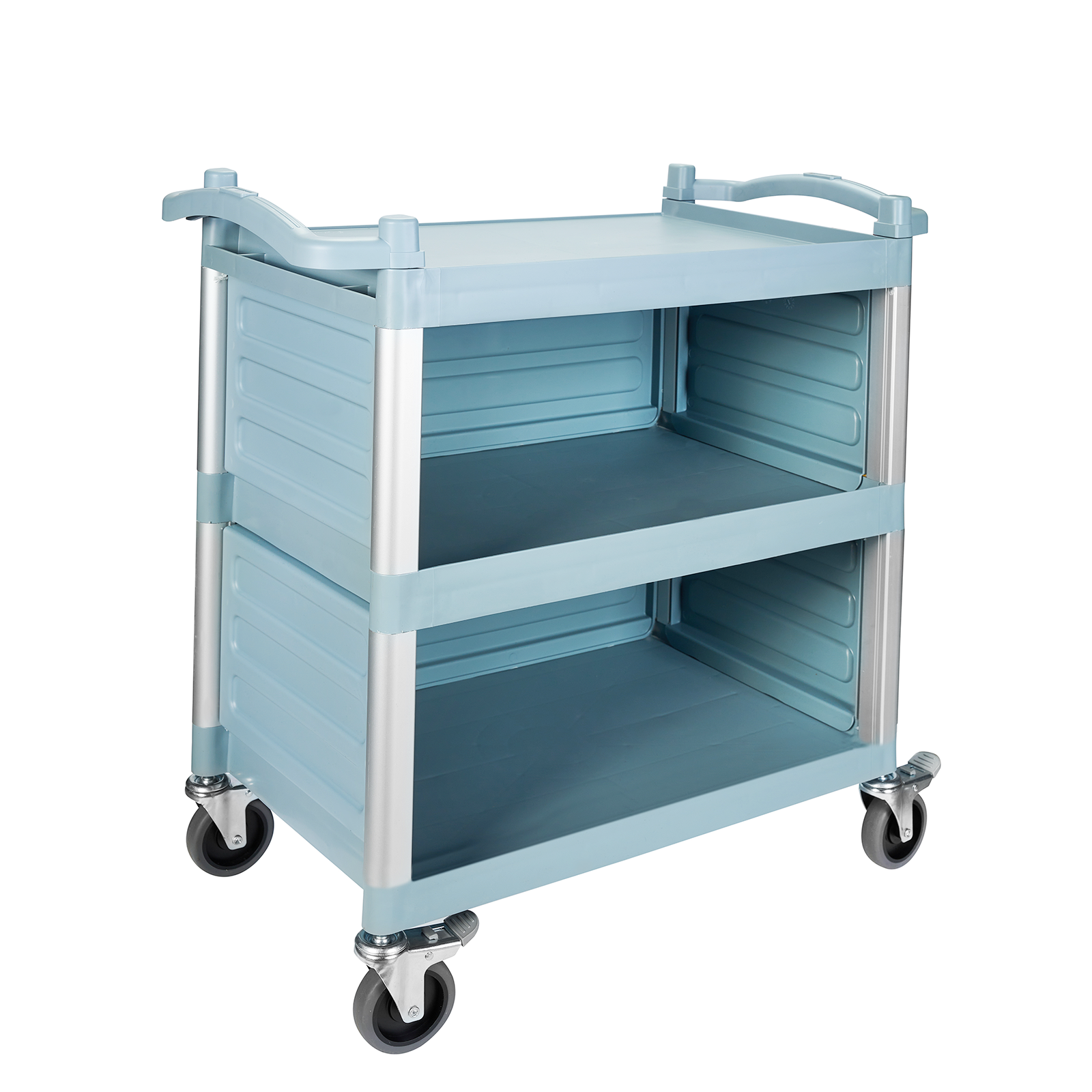 Dual-Handle Enclosed Utility Service Cart, 3 Shelves, 440 lb. Capacity, Grey