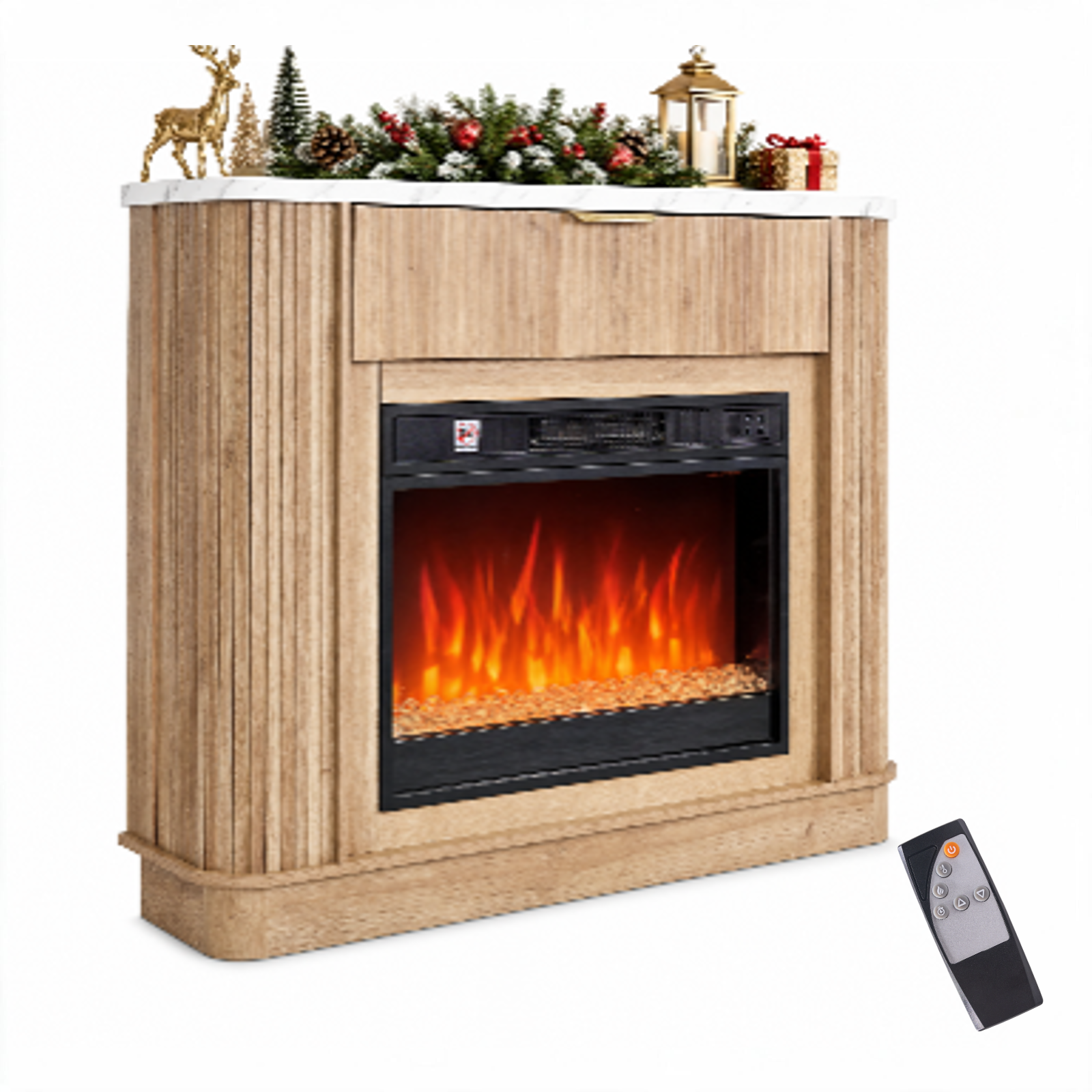 NORTHSKY 39" Electric Fireplace with Mantel, Farmhouse Curved Fluted Fireplace Heater with 23" Insert LED Crystal Flame Effect, Freestanding Wood Electric Fireplace W/Drawer for Living Room Bedroom