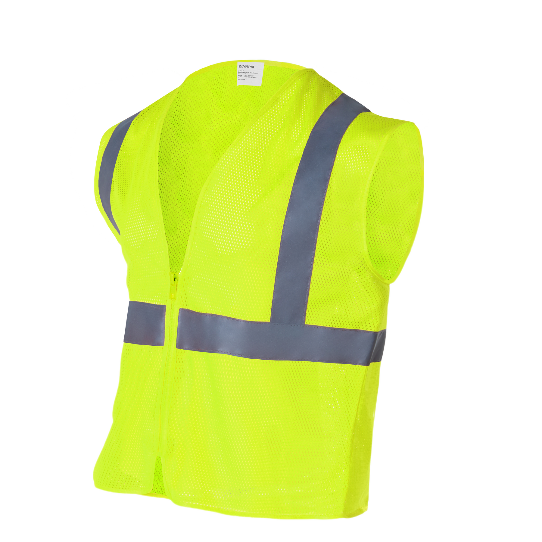 Hi-Vis Vest, ANSI Class 2, Mesh, Zipper, Lime, XL, 10-pack