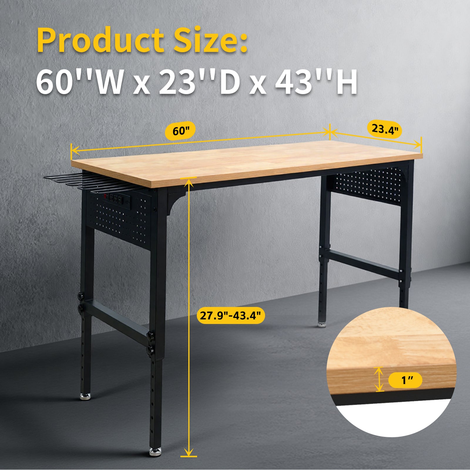 Workbench, 60" x 24", Adjustable Height, 2300 Lbs Capacity