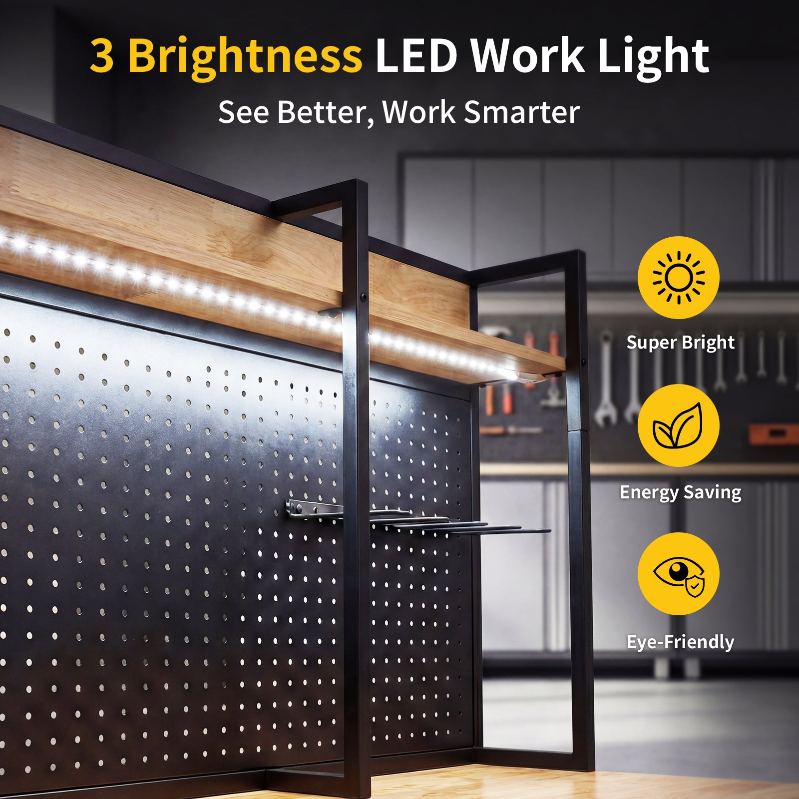 Workbench, 48" x 24", 1350 Lbs Capacity with Pegboard & Lighting