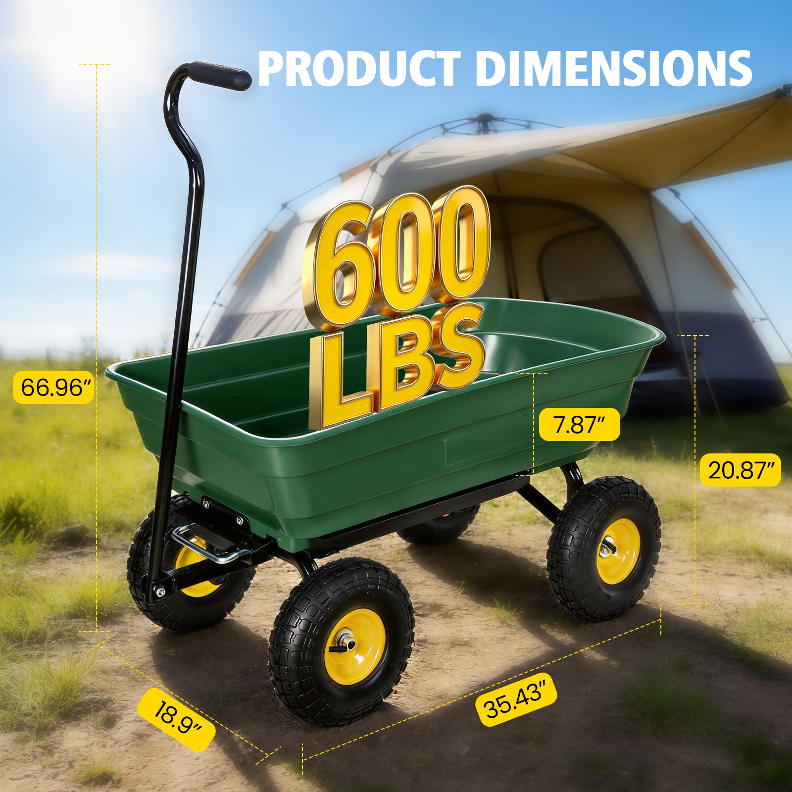 Utility Trailer Dump Cart, 600lbs Load Capacity, Green