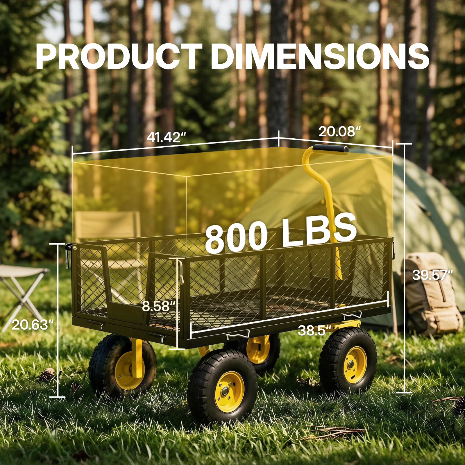 Heavy Duty Mesh Steel Garden Cart, 800lbs Load Capacity, Black and Yellow