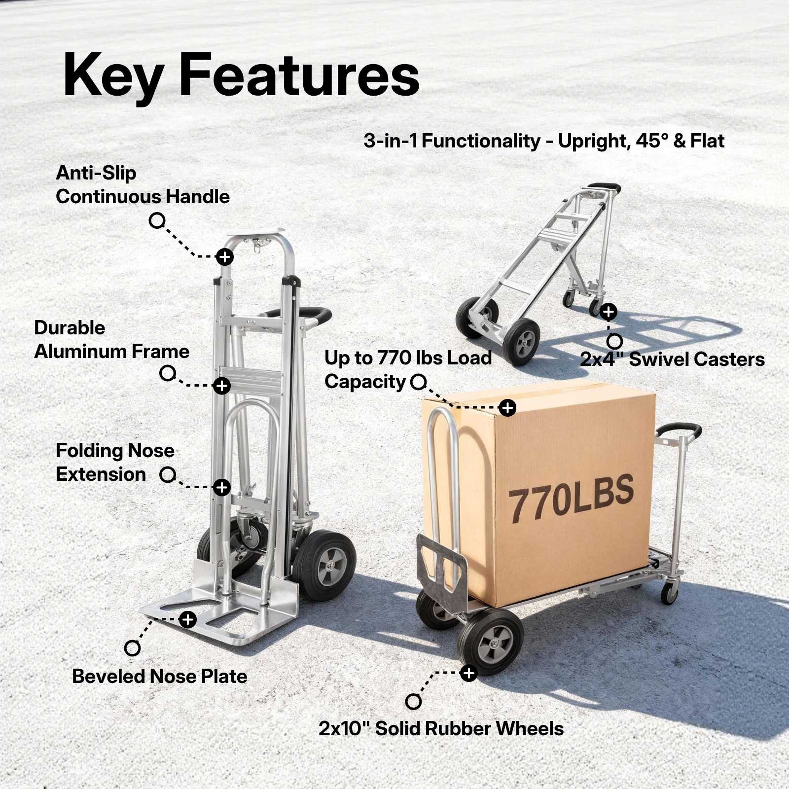 Convertible Hand Truck, 3-in-1, 550/770 lb. Capacity