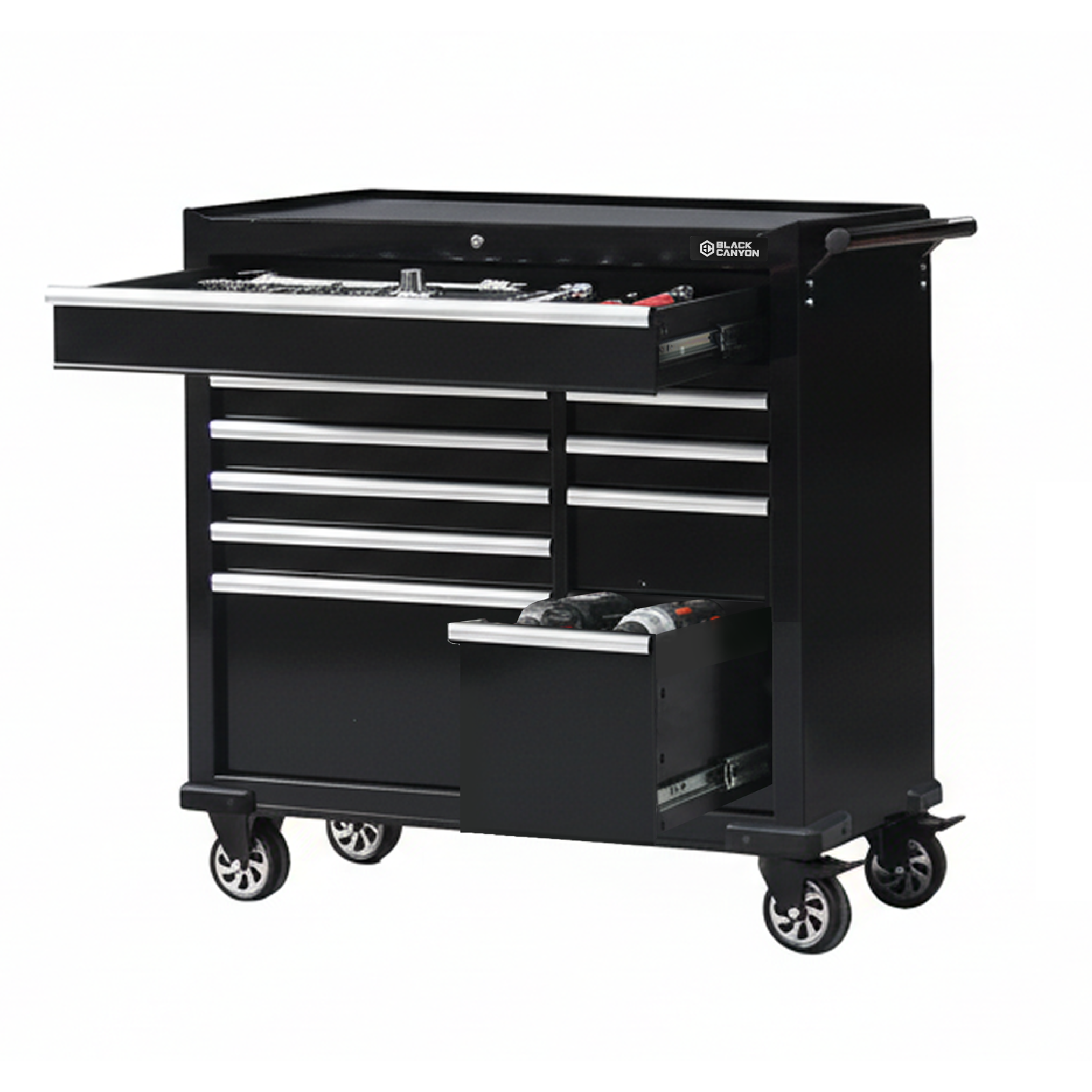 Rolling Tool Cabinet, 10 Drawers, 42" x 18", Black