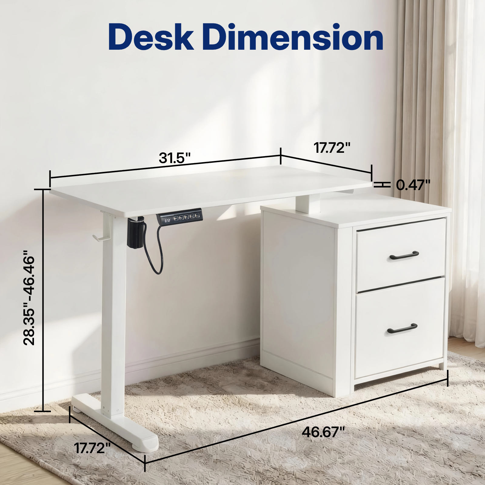 Compact Height-Adjustable Desk, White