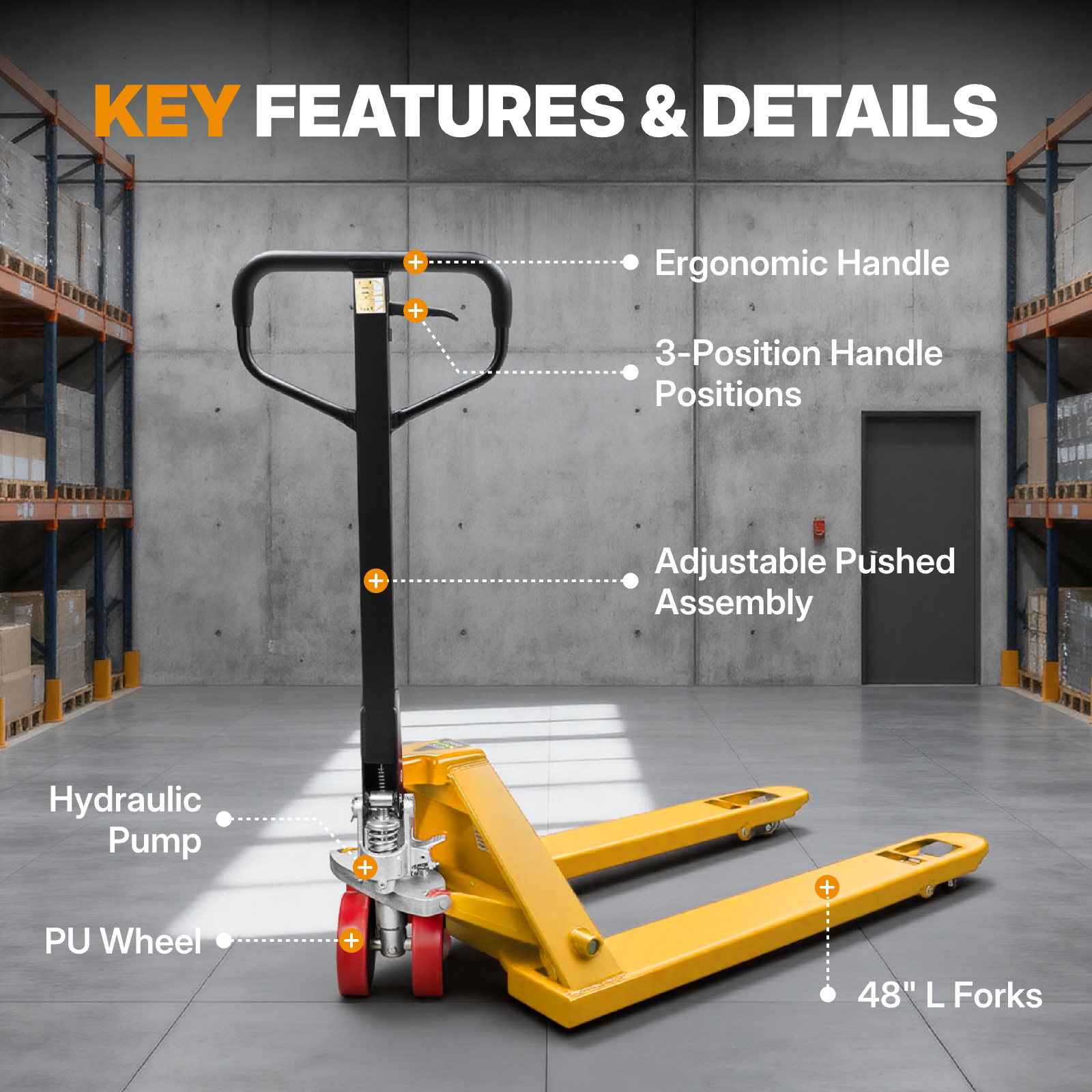 Standard Manual Pallet Jack, 48" x 27", 5500lb Capacity, Yellow