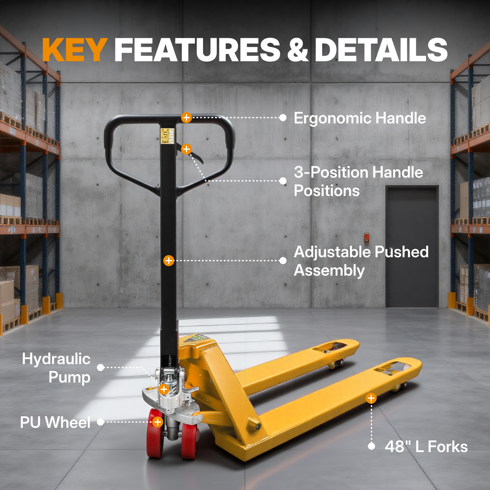 Narrow Manual Pallet Jack, 48" x 21", 5500lb Capacity, Yellow