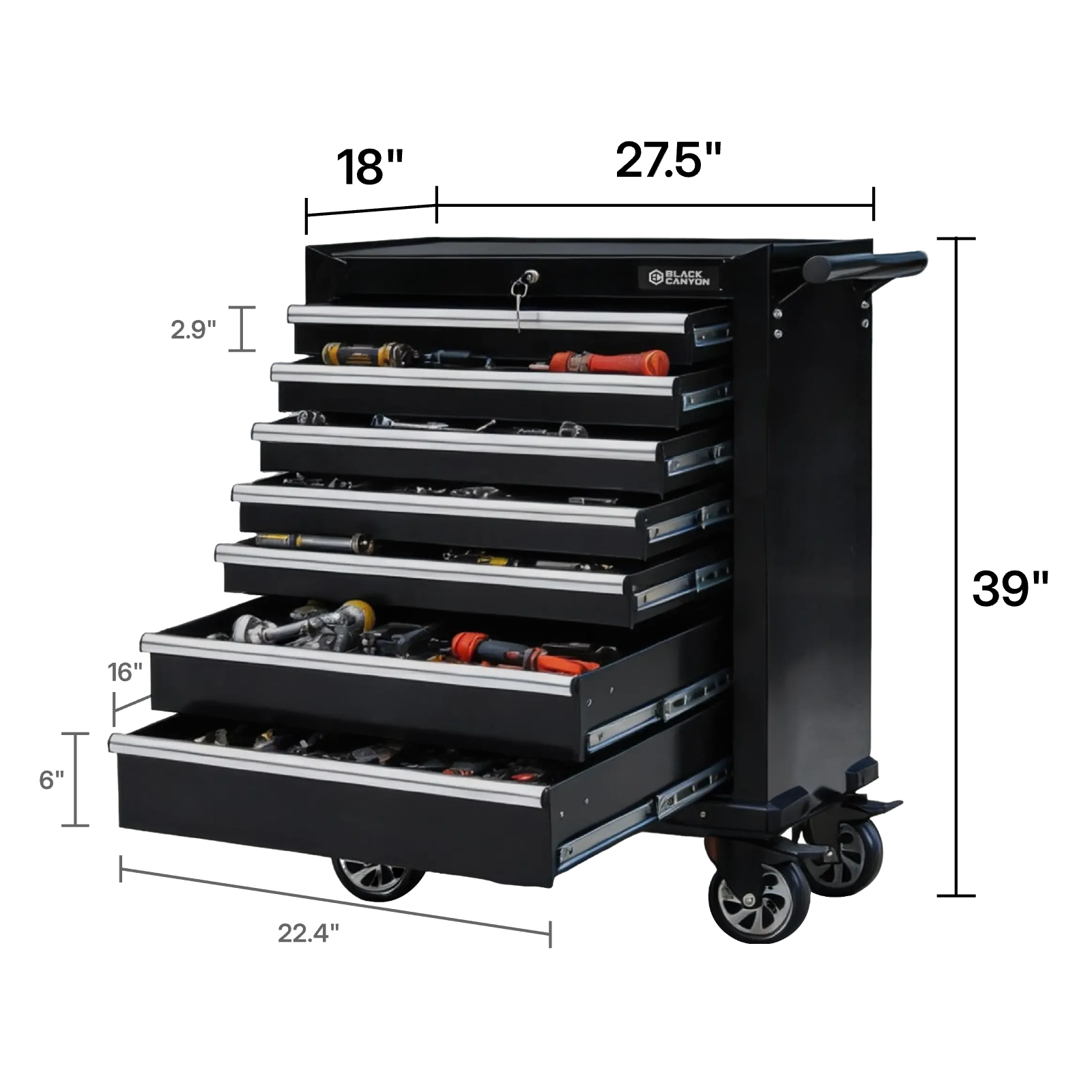 Rolling Tool Cabinet, 7 Drawers, 27" x 18", Black