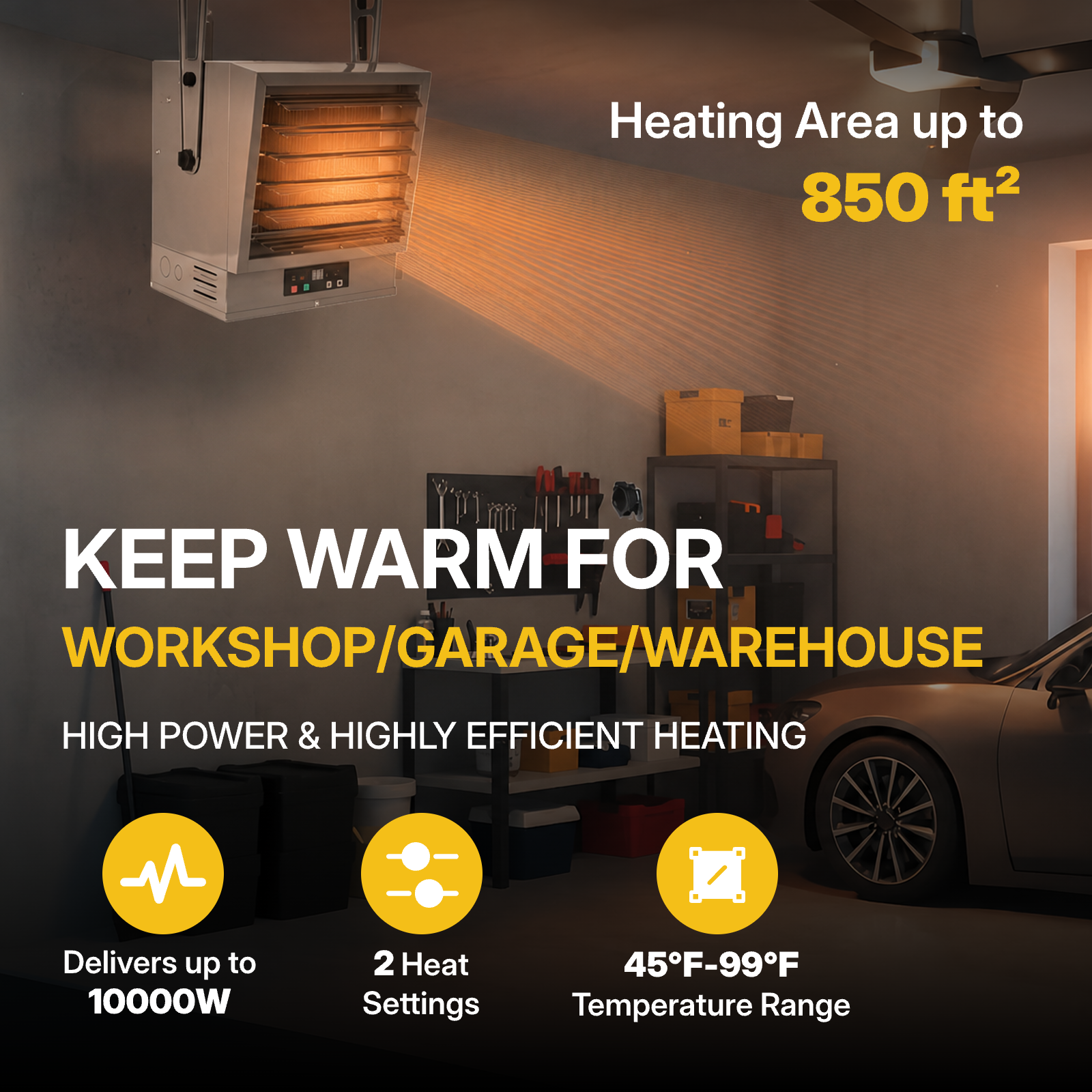 Garage Heater 10000W Electric Fan-forced Heater - Wall/Ceiling Mount, Smart Temperature Control, Overheat Protection, Remote Control & Timer for Workshop, Garage, and Warehouse