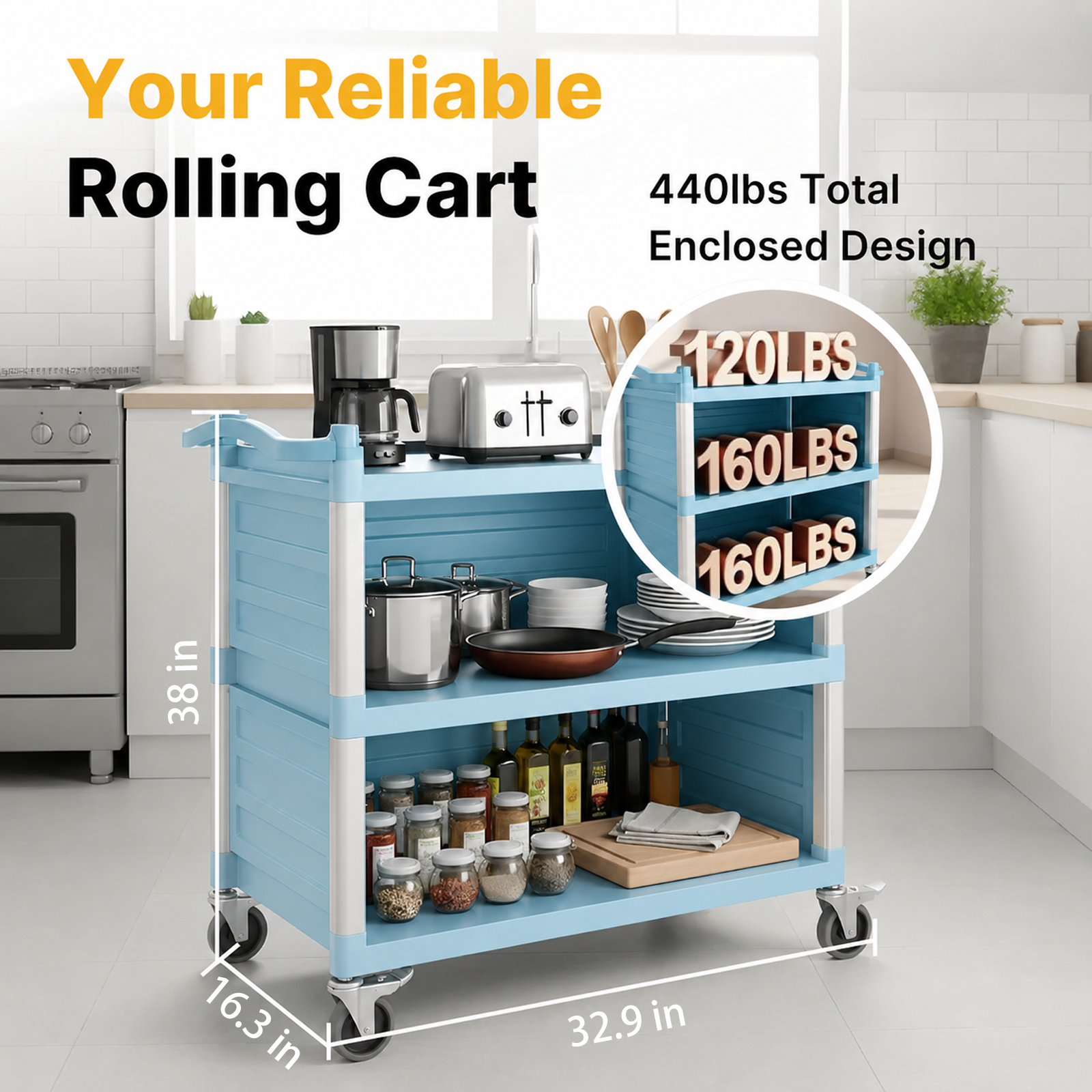 Dual-Handle Enclosed Utility Service Cart, 3 Shelves, 440 lb. Capacity, Grey