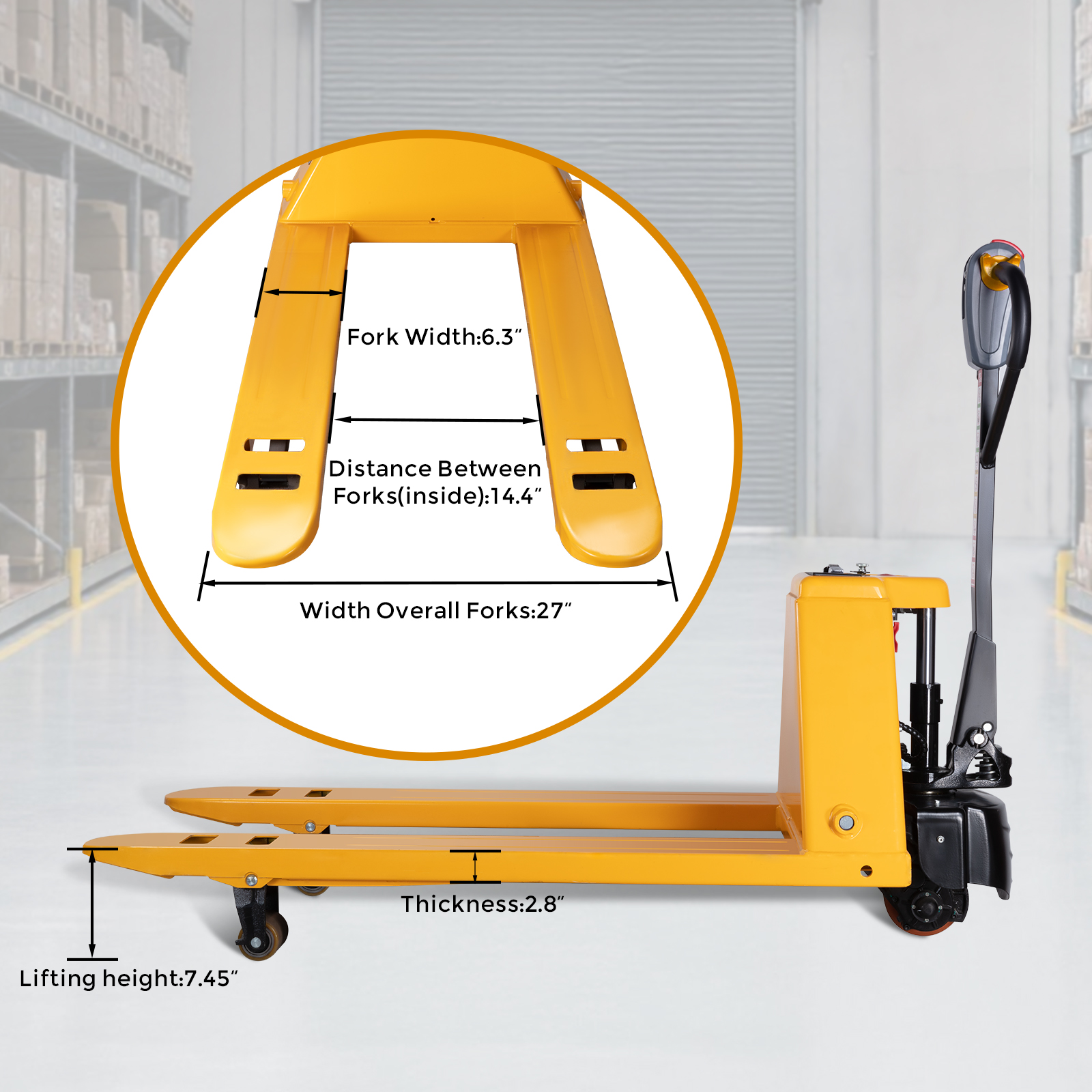 Standard Electric Pallet Jack, 48" x 27", 3300lb Capacity, Yellow