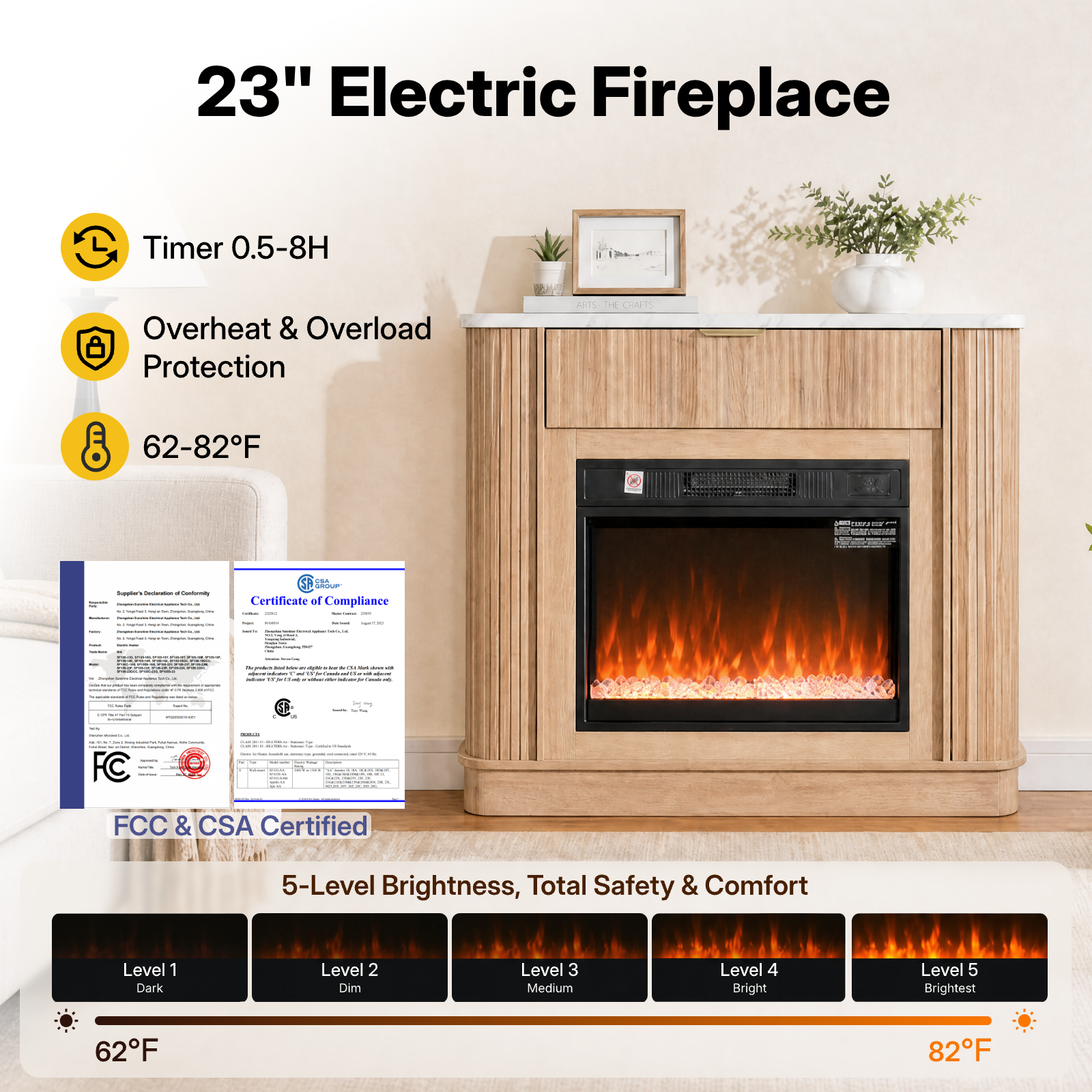 NORTHSKY 39" Electric Fireplace with Mantel, Farmhouse Curved Fluted Fireplace Heater with 23" Insert LED Crystal Flame Effect, Freestanding Wood Electric Fireplace W/Drawer for Living Room Bedroom