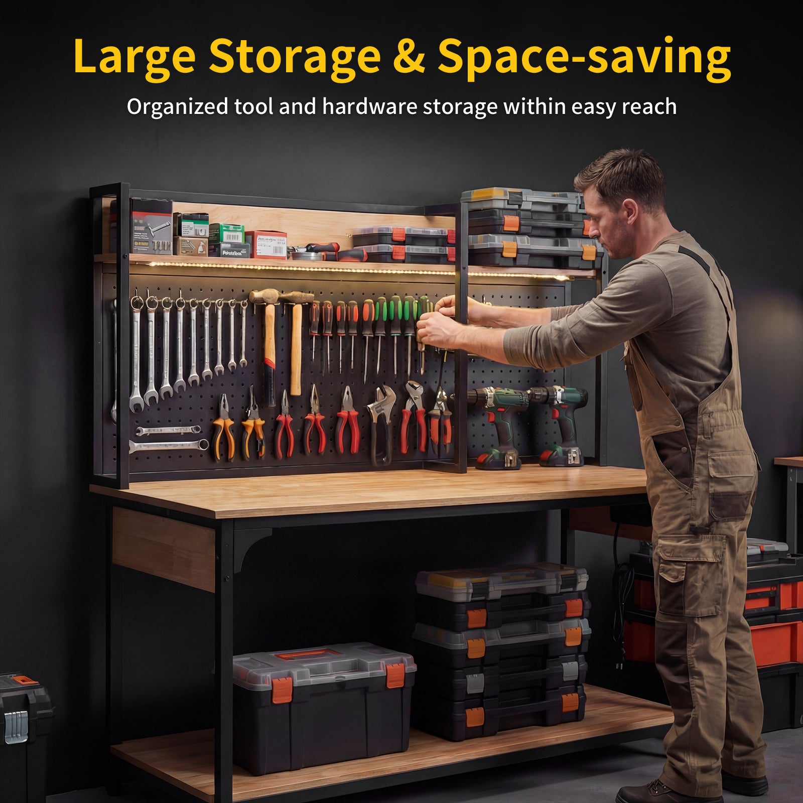 Workbench, 48" x 24", 1350 Lbs Capacity with Pegboard & Lighting