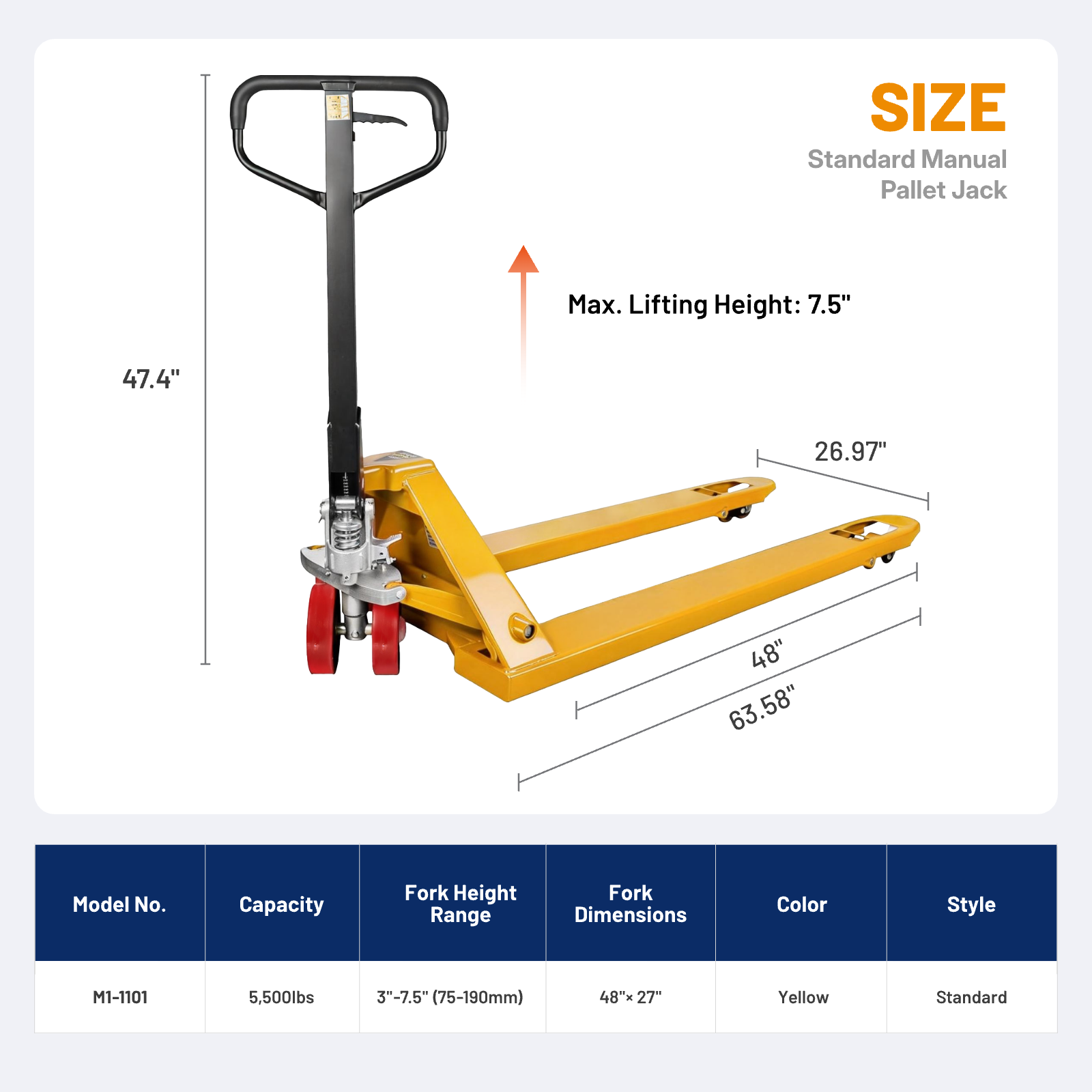 Standard Manual Pallet Jack, 48" x 27", 5500lb Capacity, Yellow
