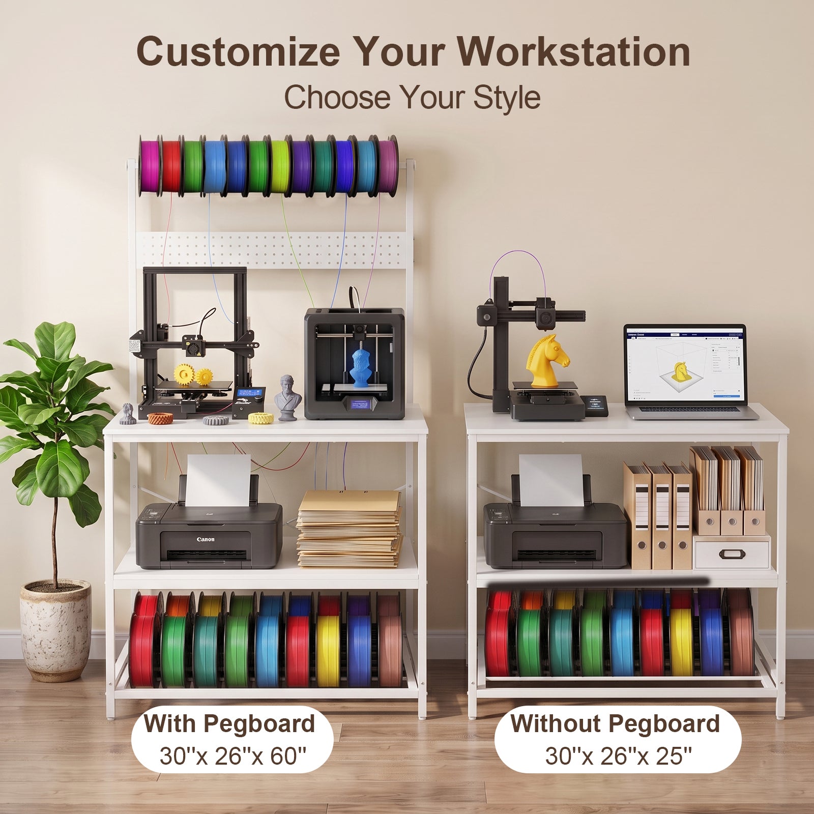 NORTHSKY 3D Printer Stand with Filament Storage – Tall 60" Heavy Duty Metal 3D Printer Table Desk with Power Strip & Pegboard Panel, Enforced X-Bracket Stability for Workshop, Studio, Office, White