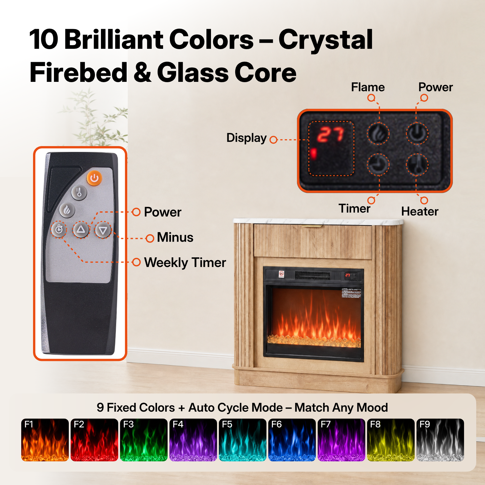 NORTHSKY 39" Electric Fireplace with Mantel, Farmhouse Curved Fluted Fireplace Heater with 23" Insert LED Crystal Flame Effect, Freestanding Wood Electric Fireplace W/Drawer for Living Room Bedroom