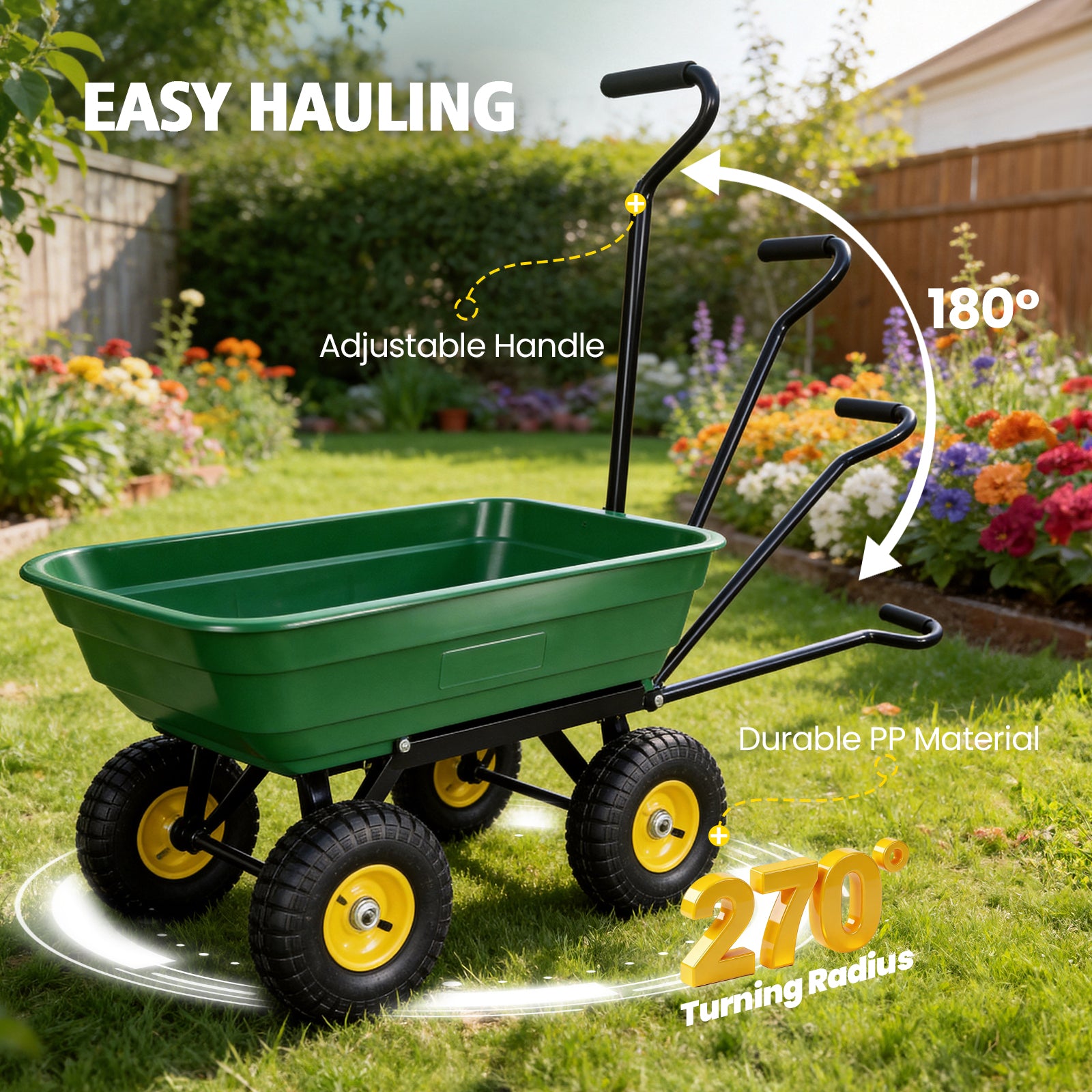 Utility Trailer Dump Cart, 600lbs Load Capacity, Green