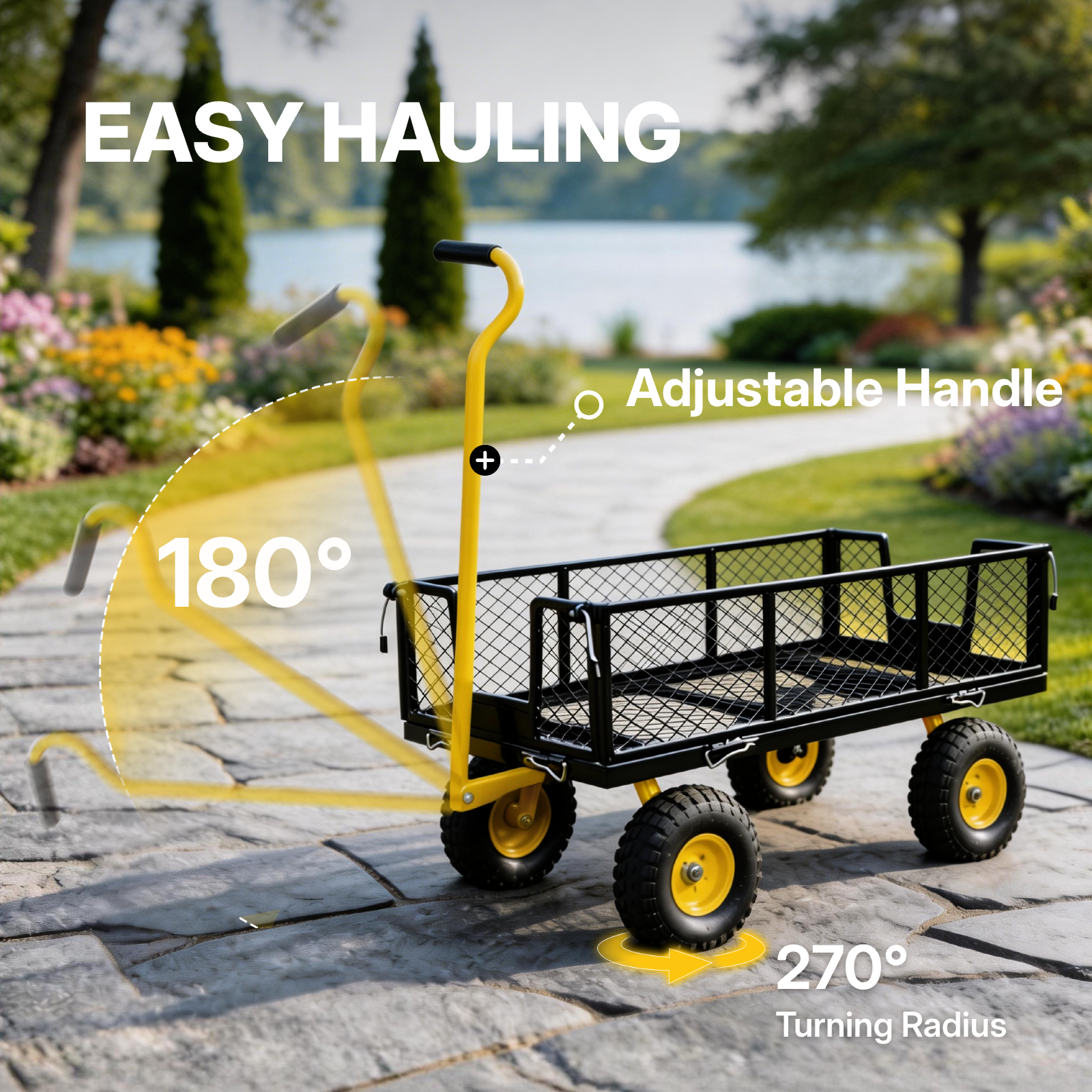 Heavy Duty Mesh Steel Garden Cart, 800lbs Load Capacity, Black and Yellow