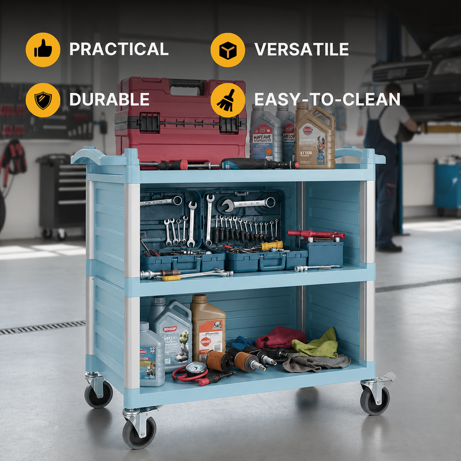 Dual-Handle Enclosed Utility Service Cart, 3 Shelves, 440 lb. Capacity, Grey