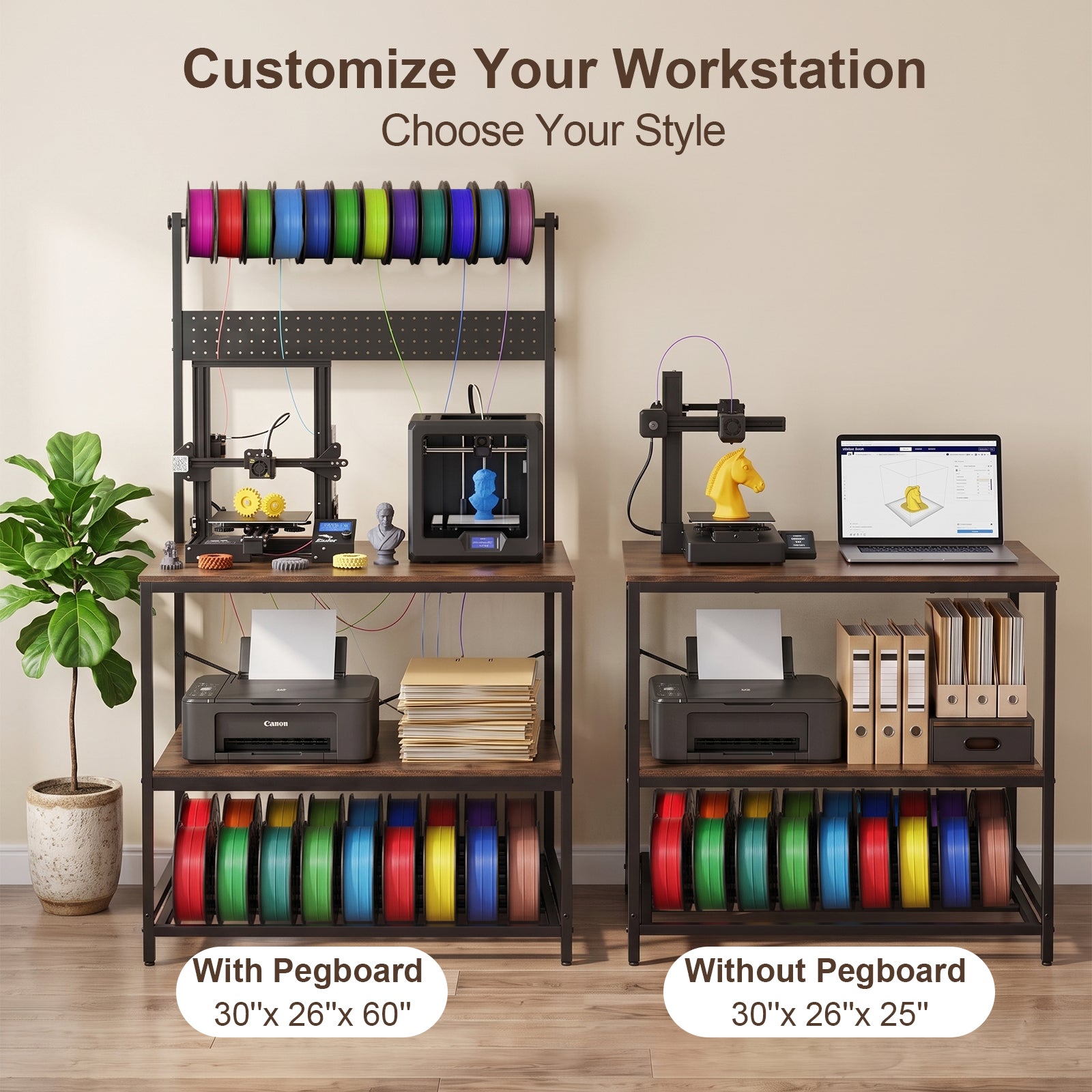 NORTHSKY 3D Printer Stand with Filament Storage – Tall 60" Heavy Duty Metal 3D Printer Table Desk with Power Strip & Pegboard Panel, Enforced X-Bracket Stability for Workshop, Studio, Office, Brown