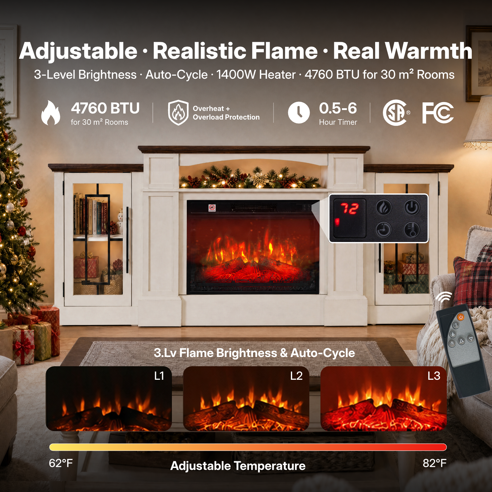 72" Fireplace TV Stand Up to 80" TVs, 42" Modern Electric Fireplace with Mantel, Farmhouse Entertainment Center with Concealed 3 Drawers for Living Room, Adjustable Brightness & Low Noise