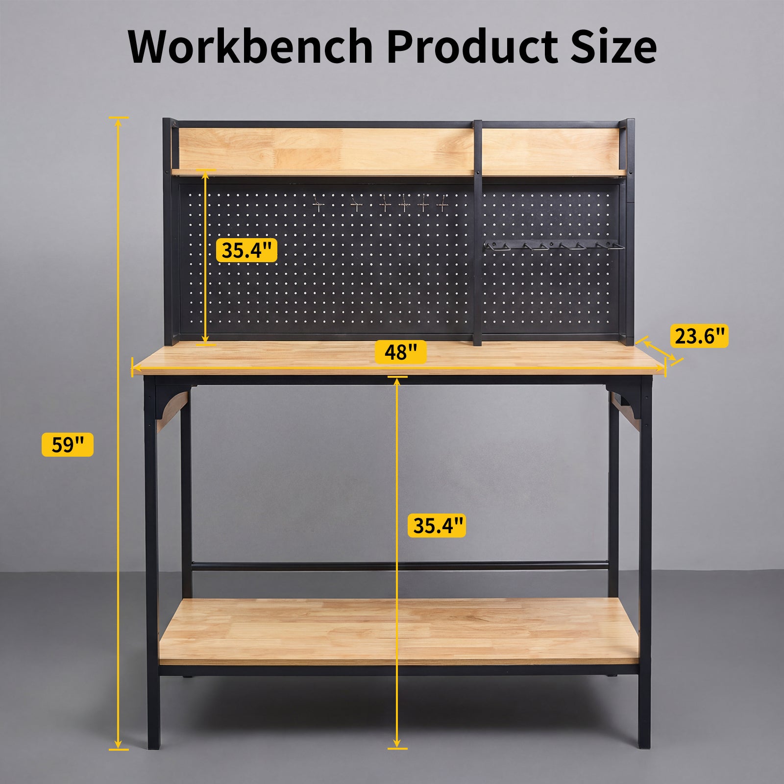 Workbench, 48" x 24", 1350 Lbs Capacity with Pegboard & Lighting