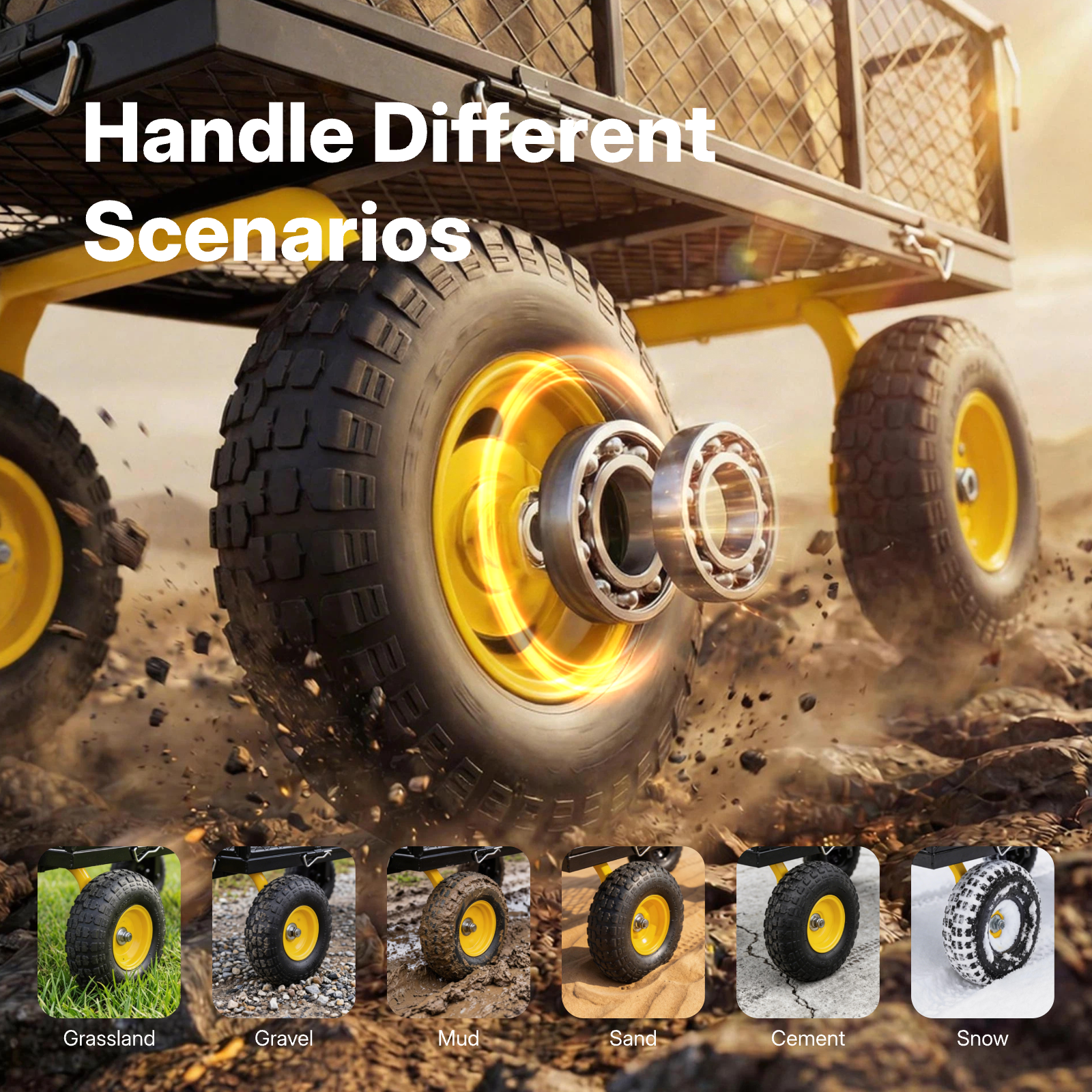 Heavy Duty Mesh Steel Garden Cart, 800lbs Load Capacity, Black and Yellow