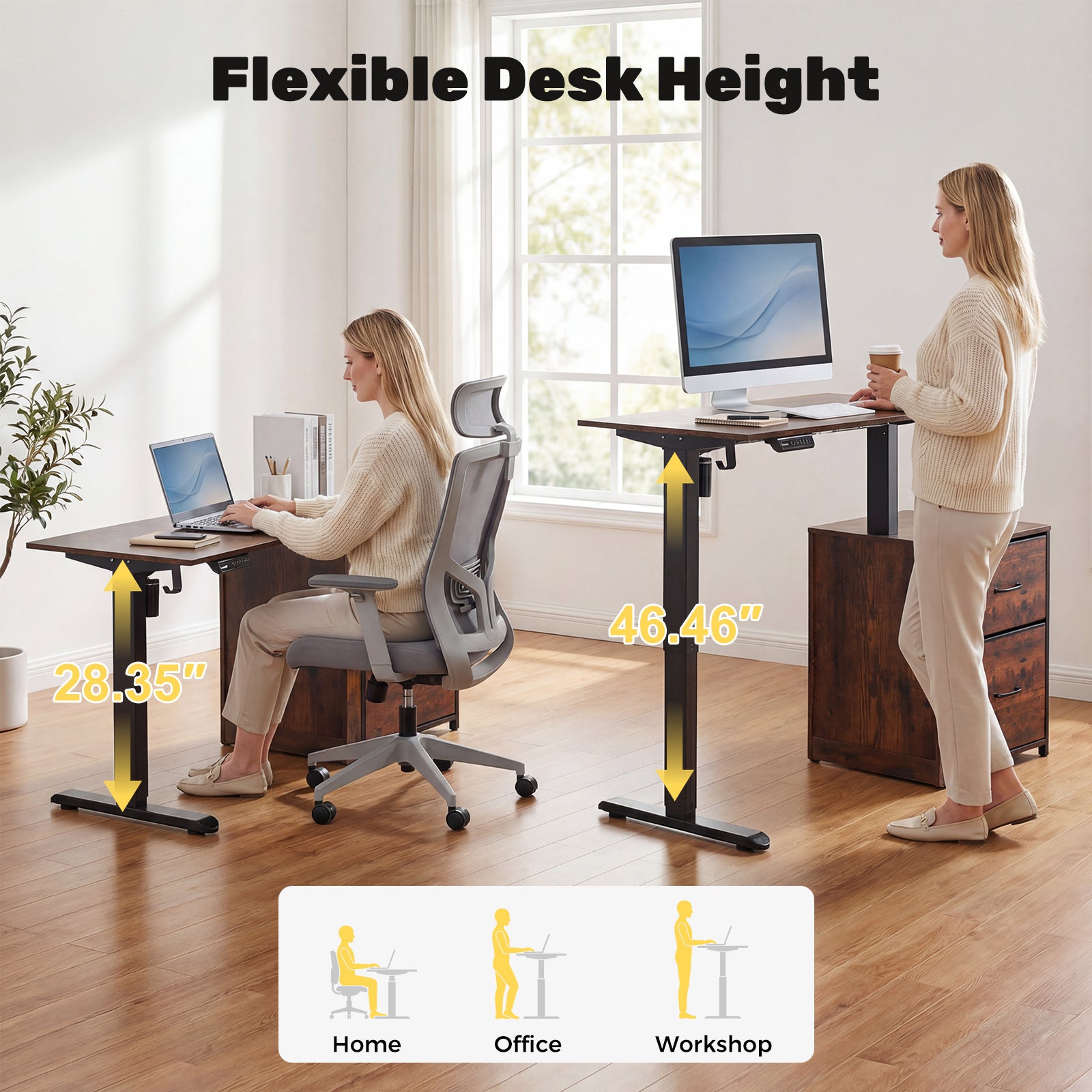 Compact Height-Adjustable Desk, Brown